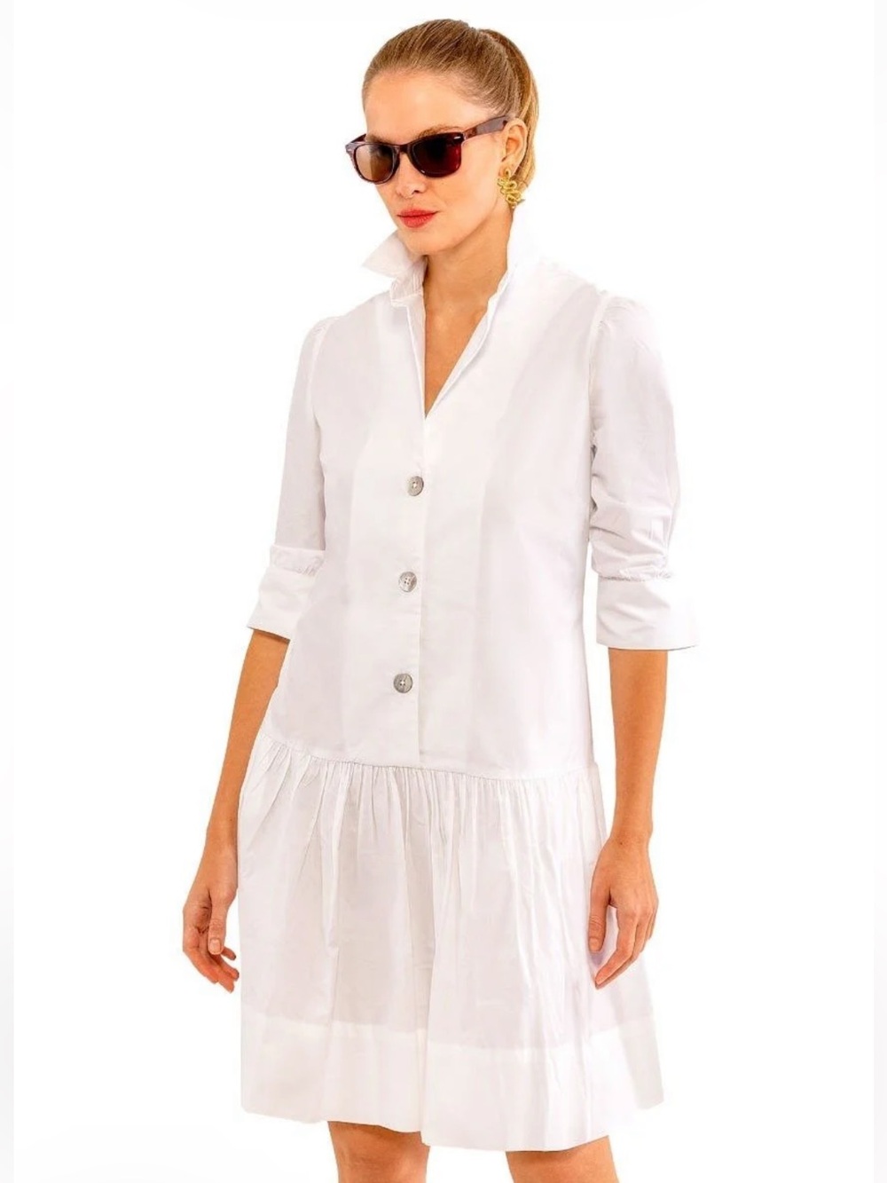 Gretchen Scott White Button-Front Poplin Shirt Dress